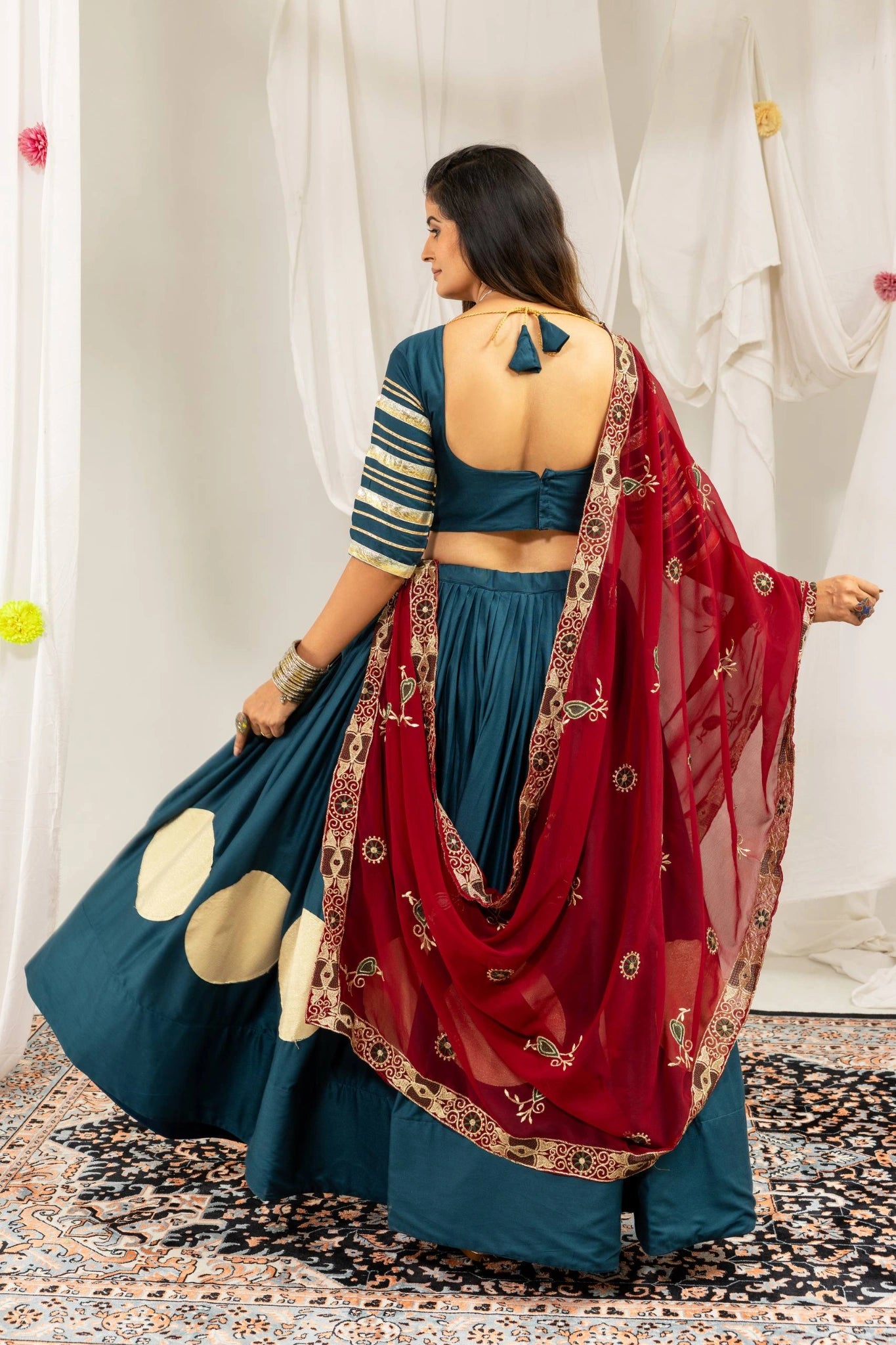 Rama Blue Gota Work Lehenga Back View Close Up – KL202 – Kalyanja