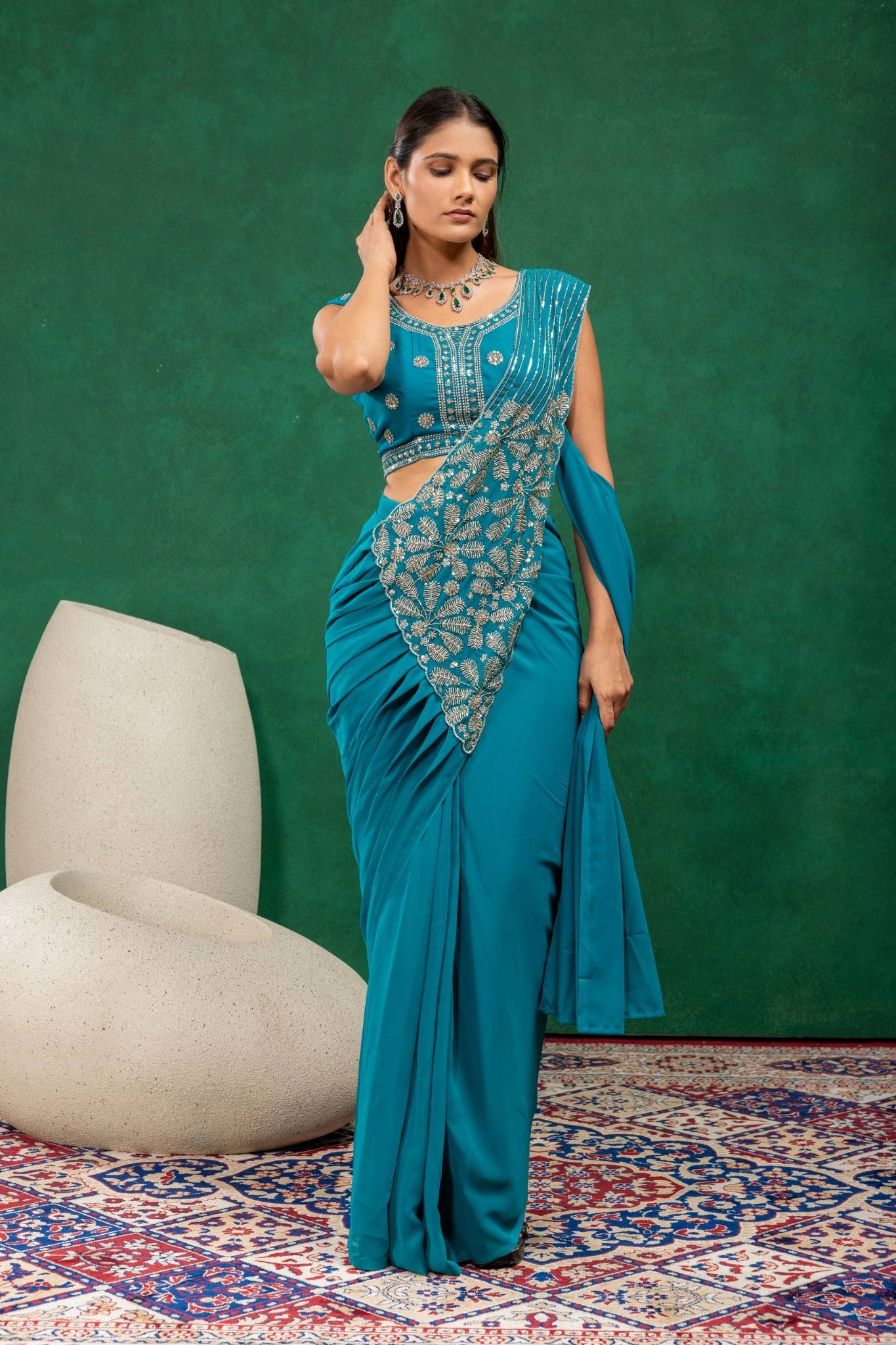 Rama Blue Zari Embroidered With Beads Work Faux Georgette Saree KS394 full front drape