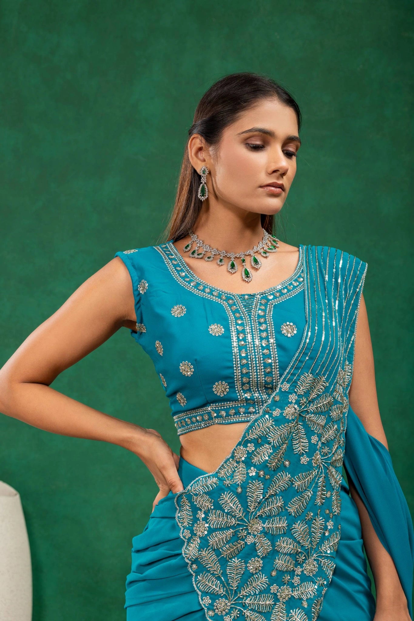 Rama Blue Heavy Embroidered Faux Georgette Saree KS394 model shot