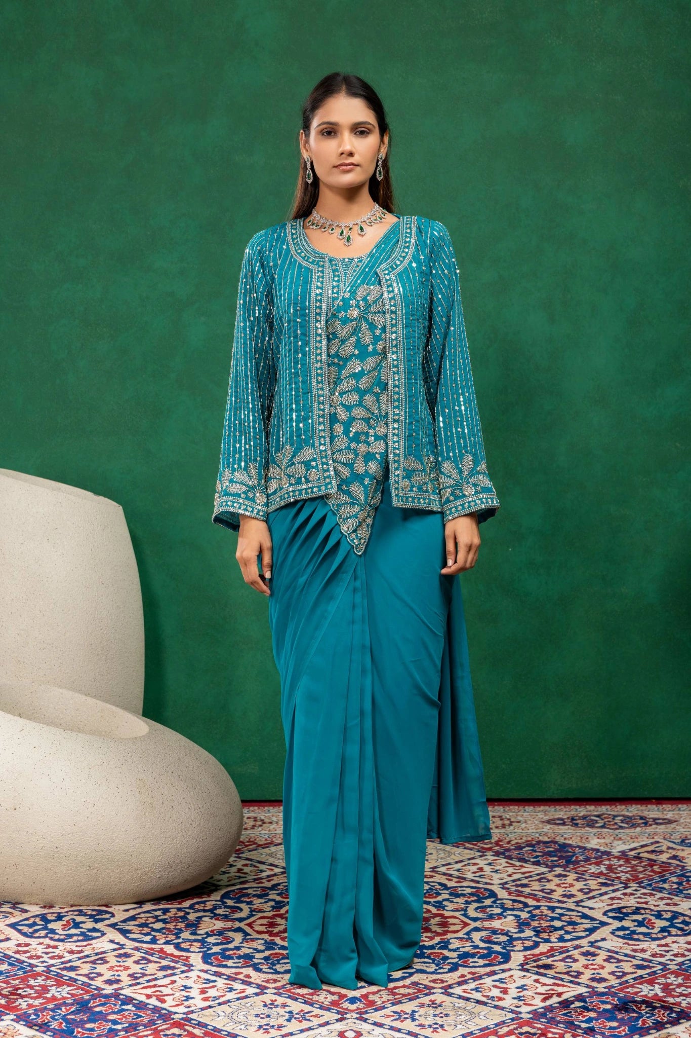 Rama Blue Beads Work Zari Saree KS394 side view