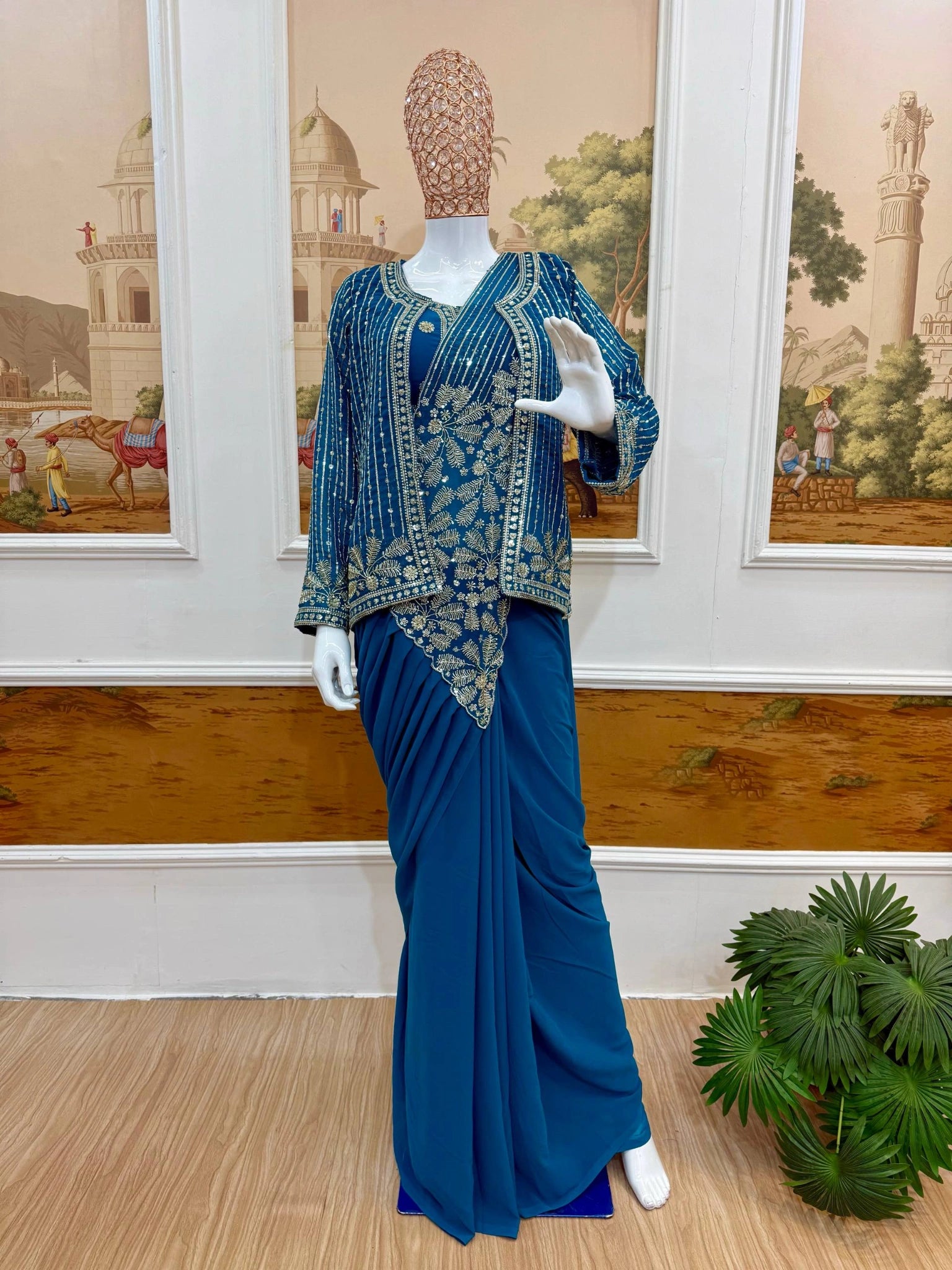 Rama Blue Zari Embroidered Saree KS394 pallu embroidery detail