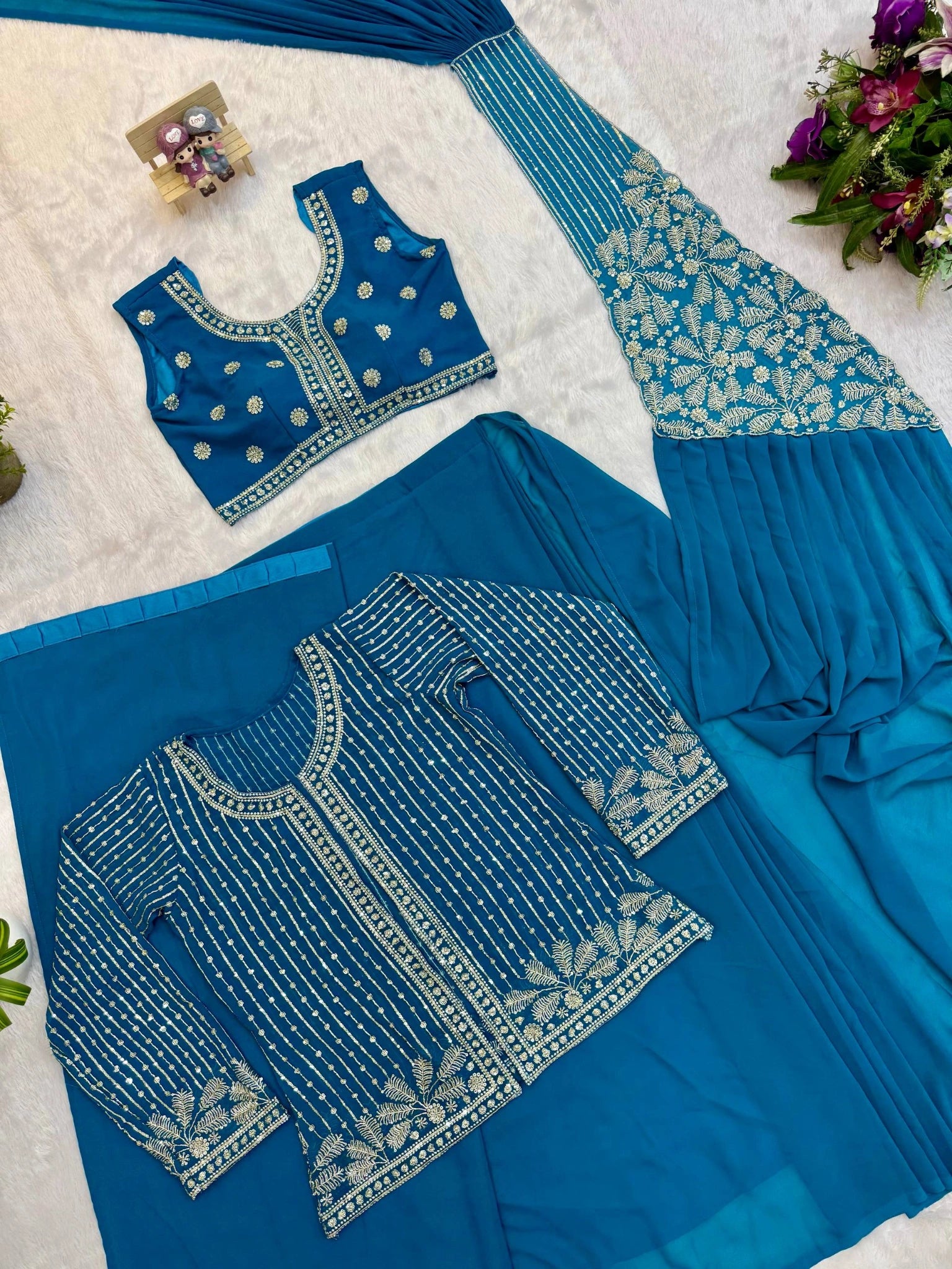 Rama Blue Zari Embroidered Saree KS394 flat lay blouse piece
