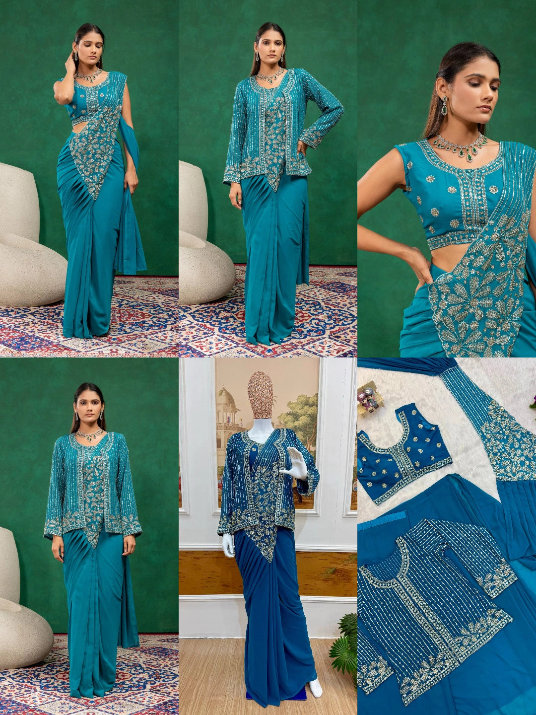 Rama Blue Zari Embroidered Saree KS394 multiple views