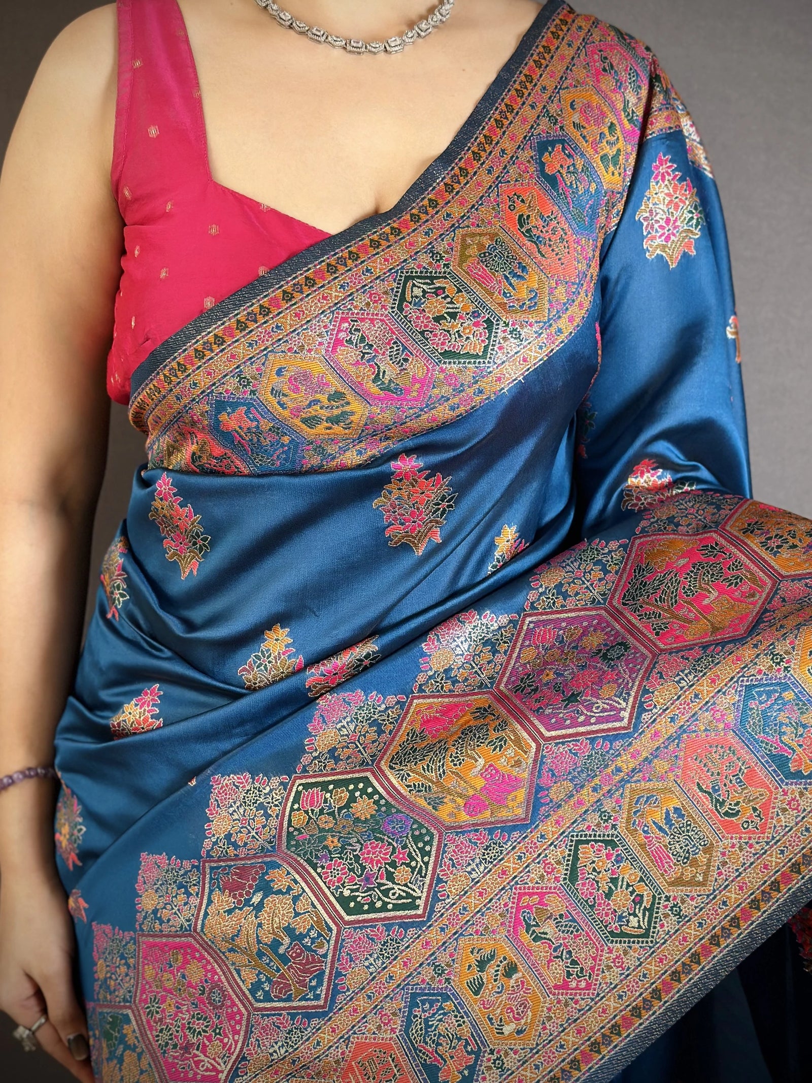 Rama Blue Saree hexagonal zari pallu detail – KS372