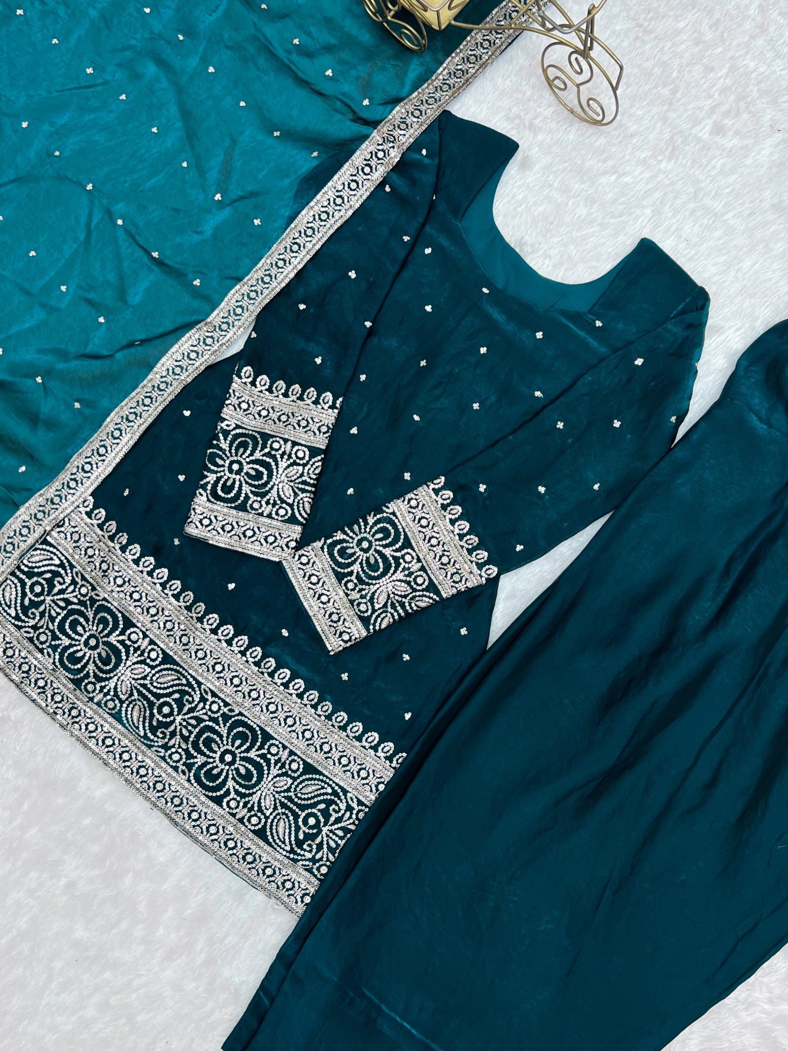 Rama Sequins Embroidered Suit flat lay with dupatta border detail – Kalyanja KU232