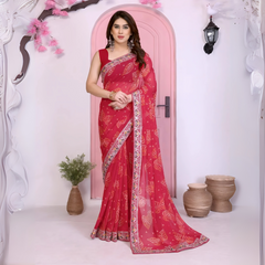 Pink Rajwadi Bandhej Print with Heavy Embroidery Work Georgette Saree