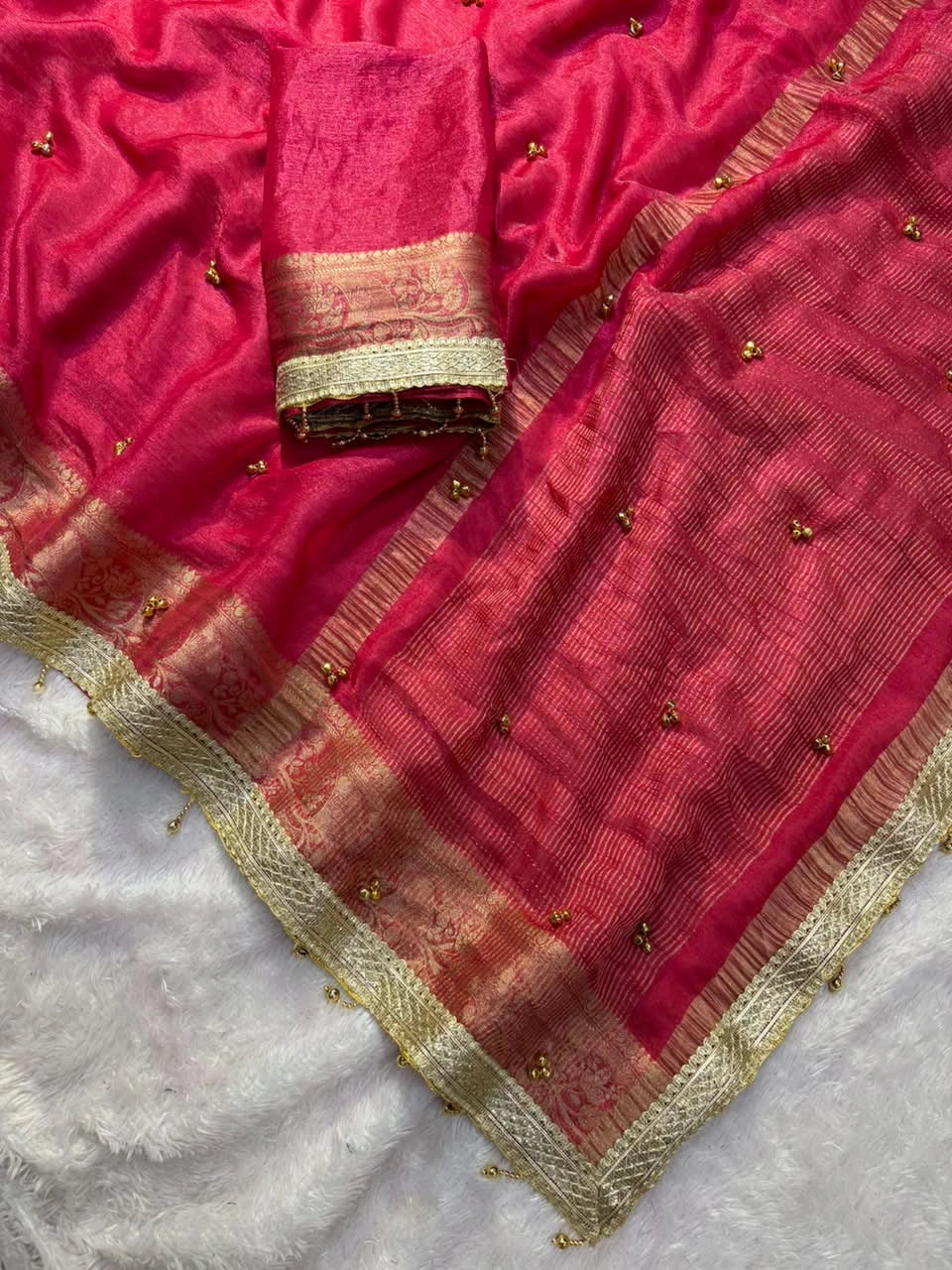 Rani Pink saree same-tone zari stripe pallu