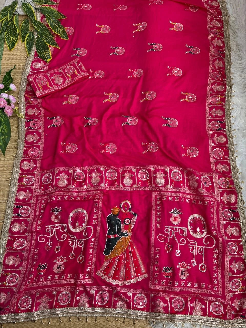 Rani Pink Karva Chauth Saree – Zari Border Close-up KS401