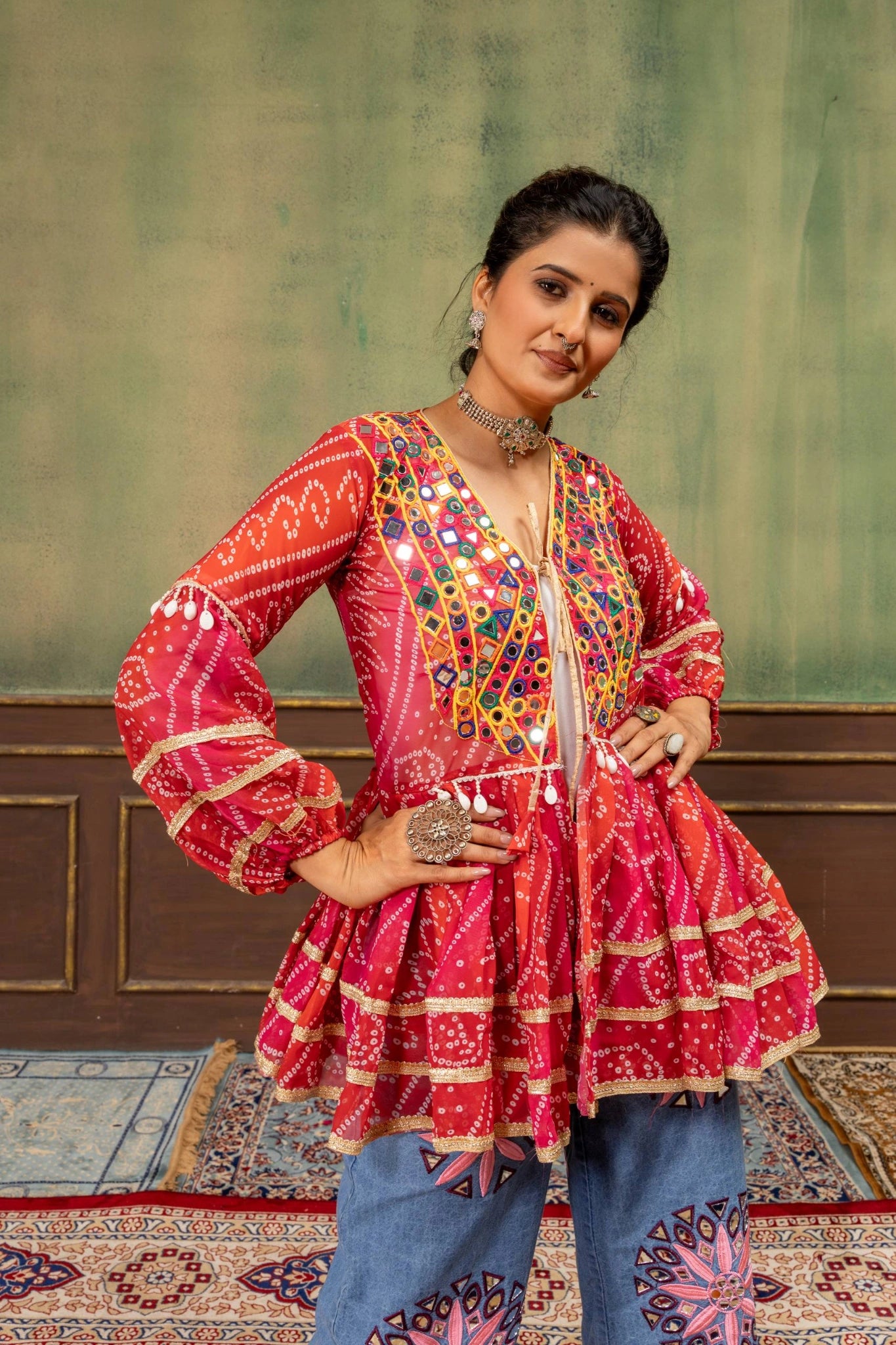 Red Bandhani Mirror Work Coord Set Kediya front view Kalyanja KC20