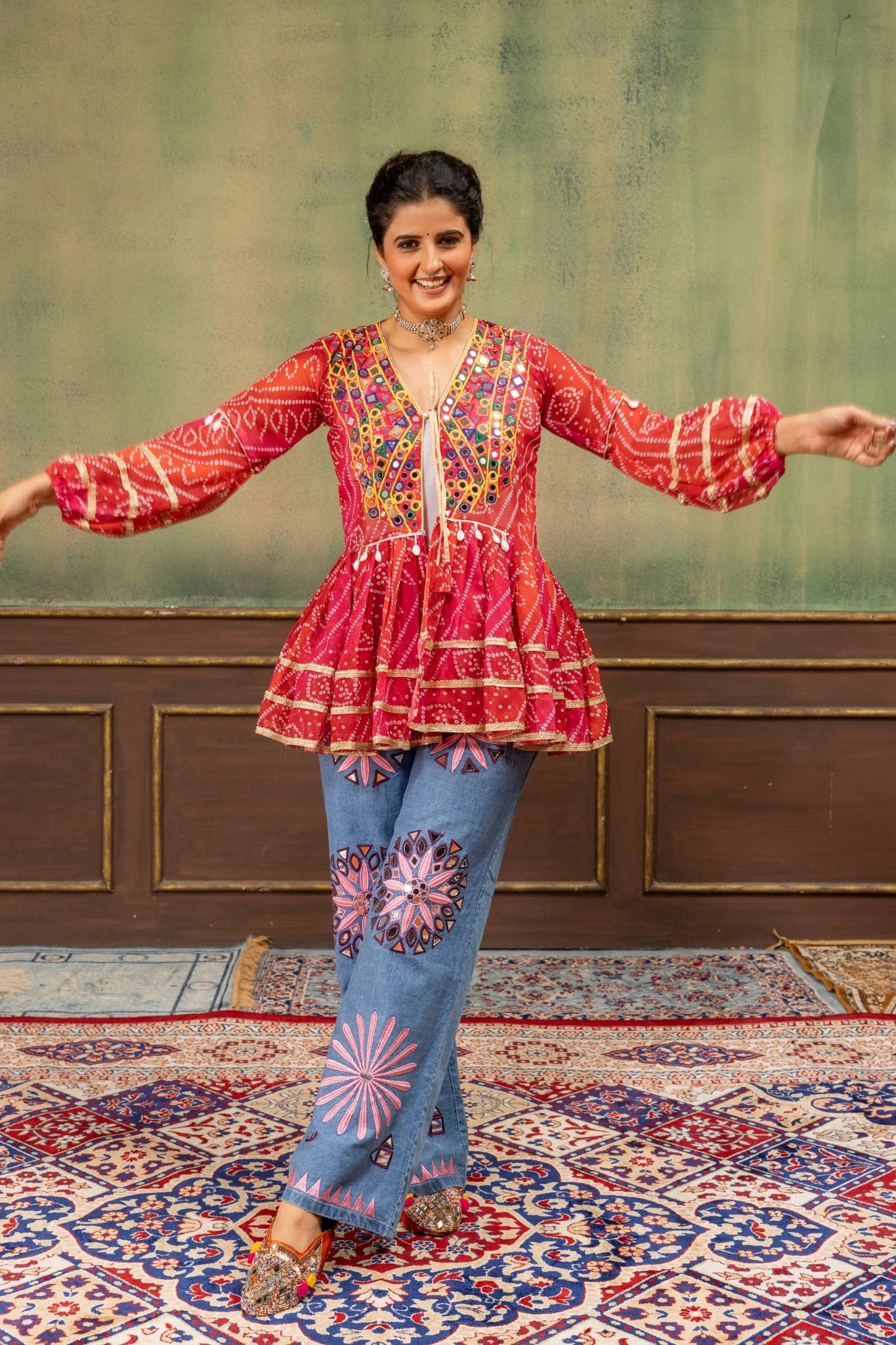 Red Bandhani Mirror Work Coord Set festive dance pose Kalyanja KC20