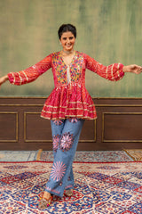 Red Bandhani Mirror Work Coord Set festive dance pose Kalyanja KC20