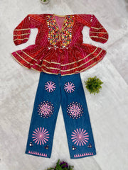 Red Bandhani Mirror Work Coord Set flat lay Kediya top and jeans Kalyanja KC20