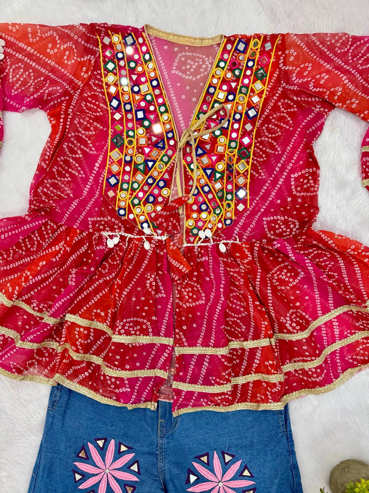 Red Bandhani Kediya close up mirror work yoke embroidery detail Kalyanja KC20