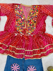 Red Bandhani Kediya close up mirror work yoke embroidery detail Kalyanja KC20