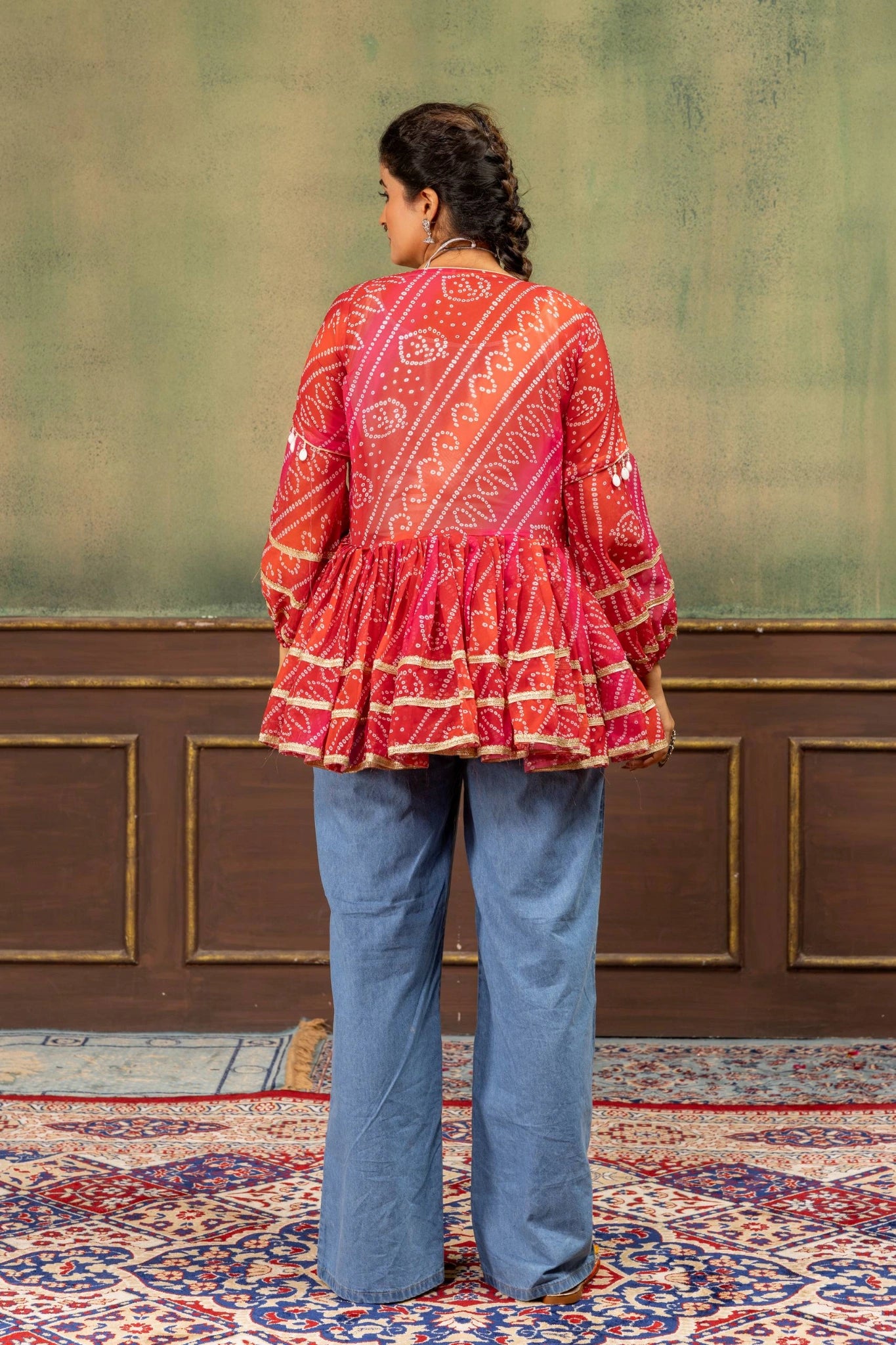 Red Bandhani Mirror Work Coord Set back view covered back Kalyanja KC20