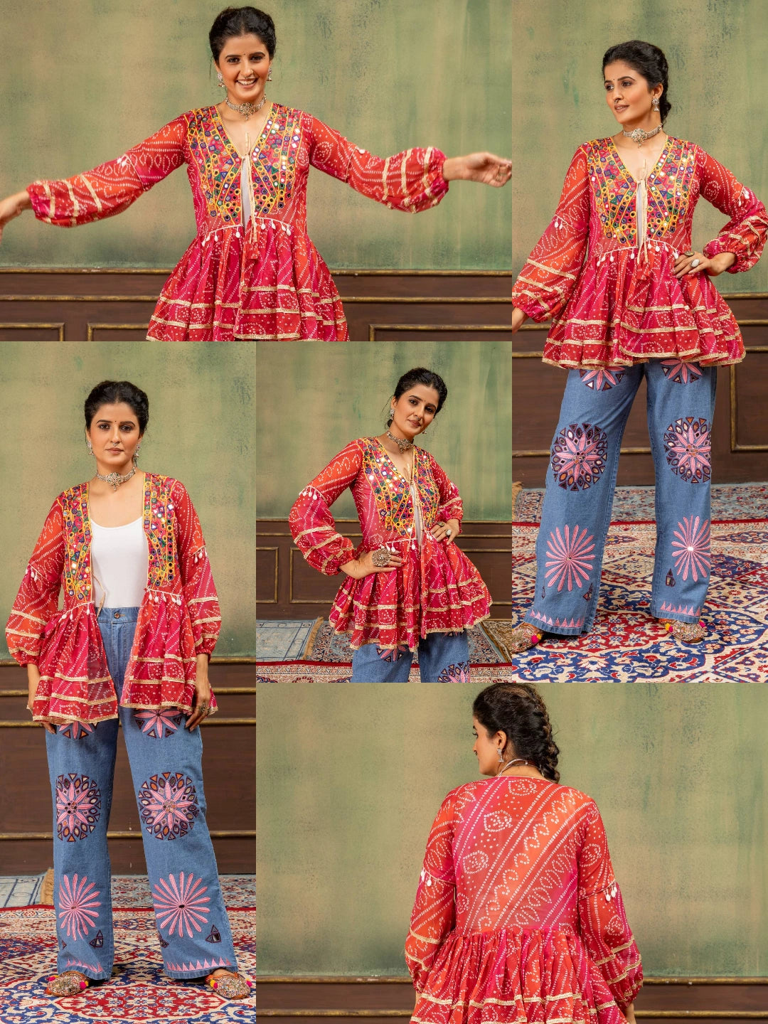 Red Bandhani Mirror Work Coord Set multiple styling views Kalyanja KC20