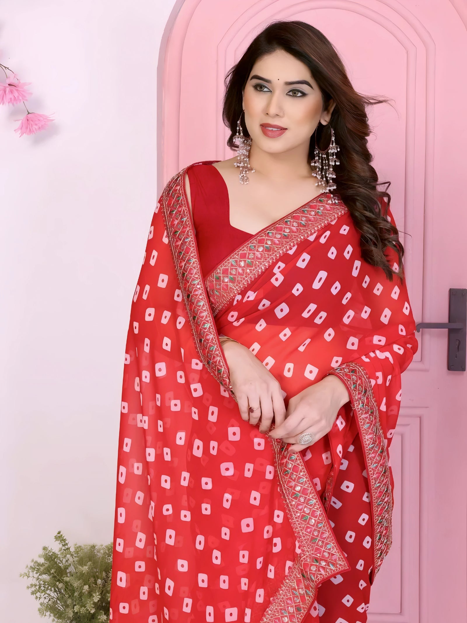 Red Georgette Rajwadi Bandhej Print With Heavy Embroidery Work Saree