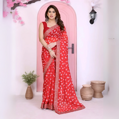 Red Georgette Rajwadi Bandhej Print With Heavy Embroidery Work Saree