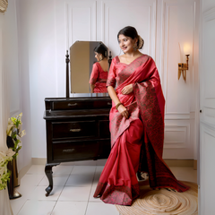 A woman models a luxurious Coral Red Raw Silk Saree. The saree features a wide border and pallu with dense, intricate weaving in a contrasting dark brown/black Kalamkari-style pattern. She wears a matching short-sleeve red blouse and traditional gold jewelry, with white flowers adorning her hair, posing indoors next to a dark wooden vanity.
