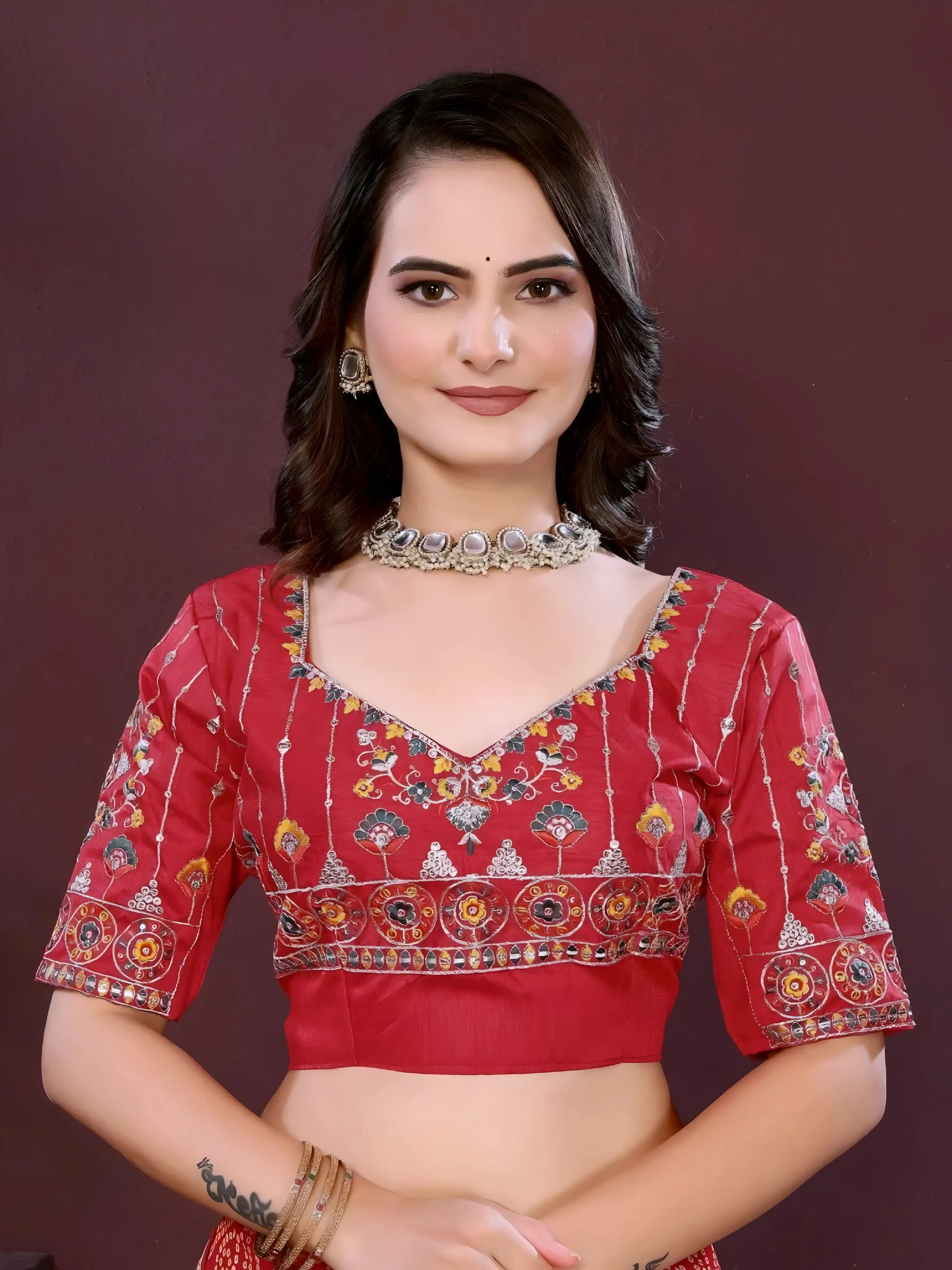 Woman wearing a red digital print saree with embroidery work and a contrast patterned border, paired with a matching blouse in an indoor studio product image, Indian ethnic wear