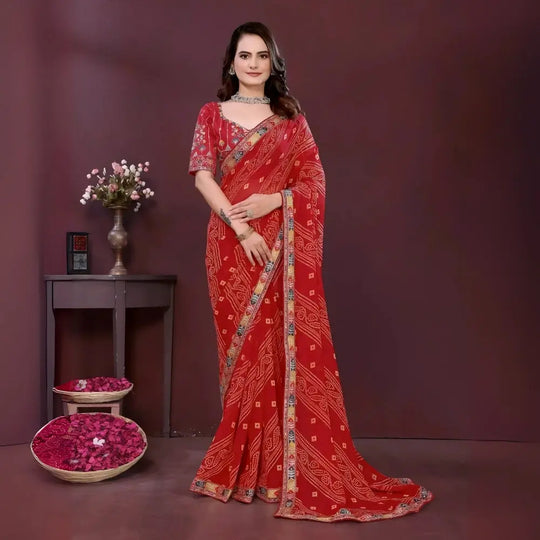 Red Digital Print with Embroidery Work Georgette Saree