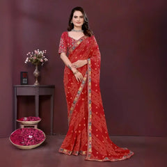 Red Digital Print with Embroidery Work Georgette Saree