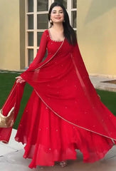 Red Embroidered With Beads Work Suit Full Front View – Georgette | Kalyanja KU308