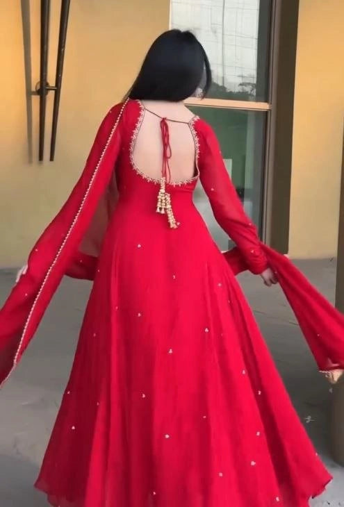 Red Embroidered With Beads Work Suit – Angled View with Dupatta Draping