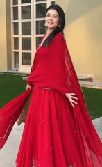 Red Georgette Suit – Embroidery and Beads Close-up Detail