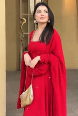 Red Embroidered With Beads Work Suit – Dupatta Embroidered Border Detail