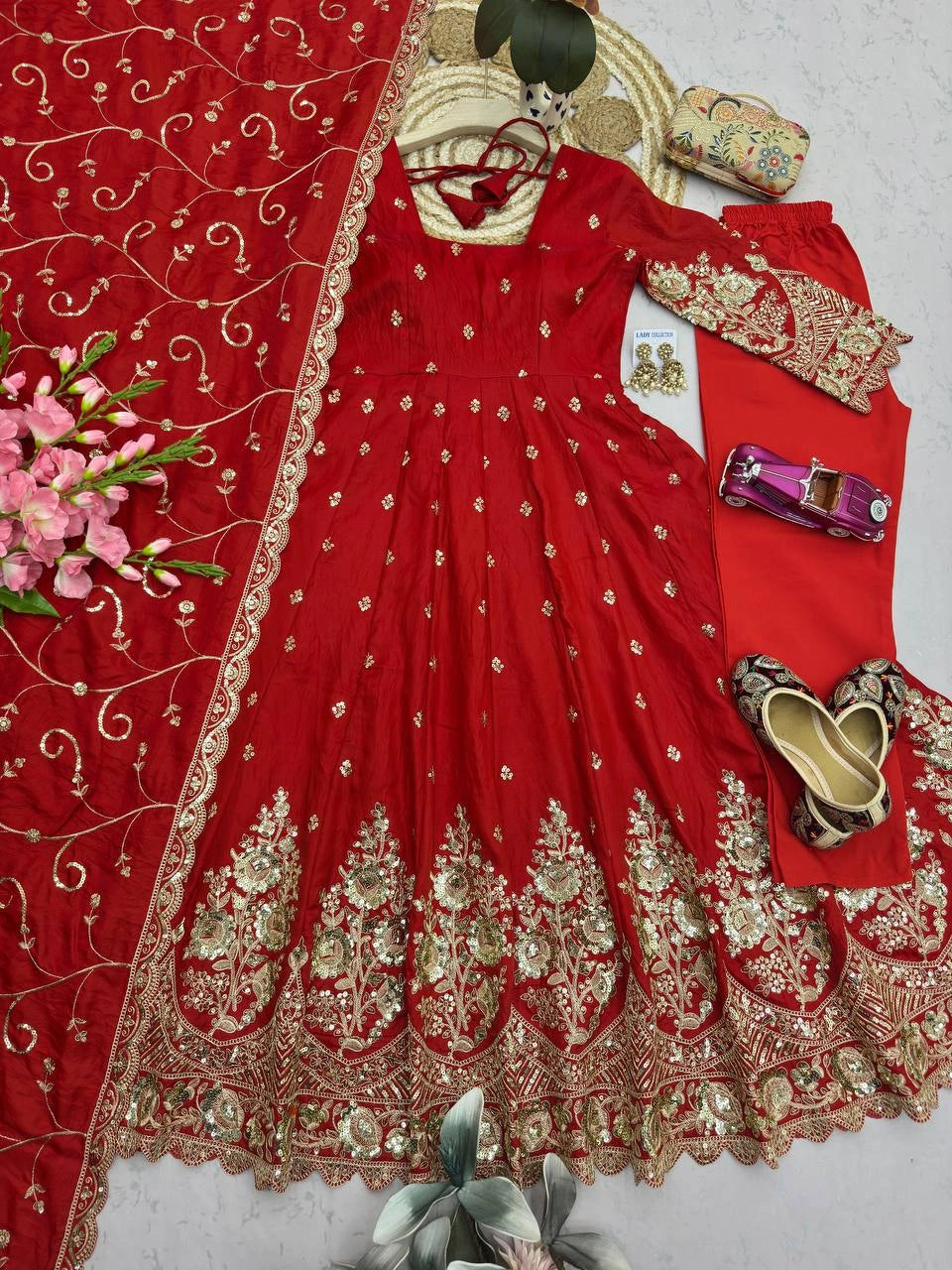 Red Silk Blend Suit dupatta sequins embroidery flatlay detail KU267