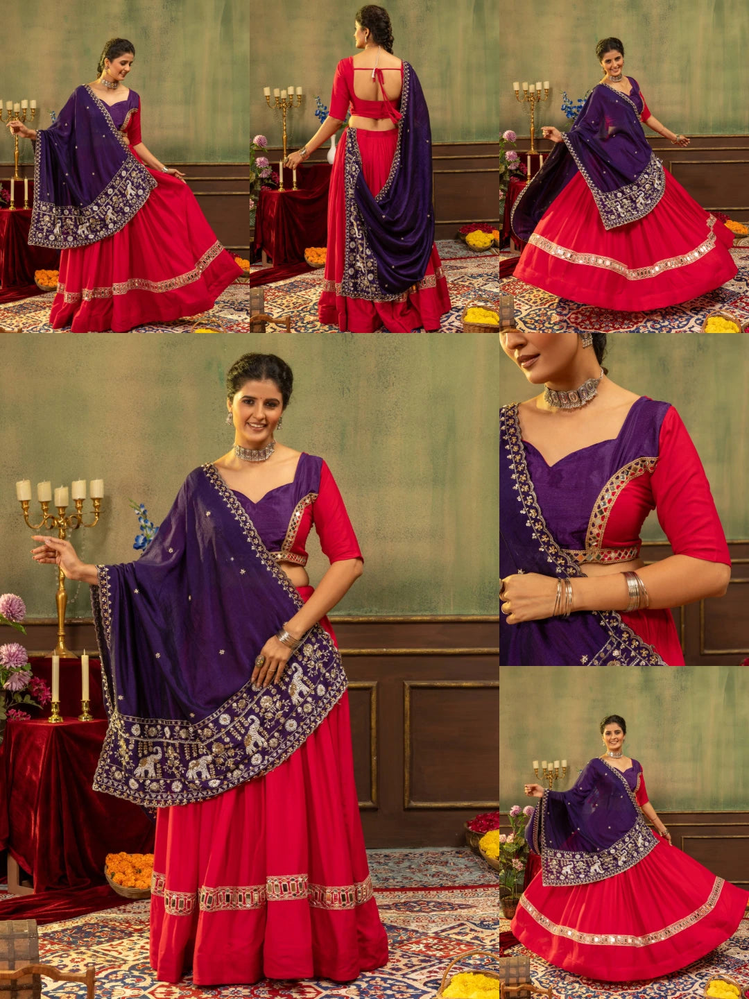 Red Embroidered Mirror Work Lehenga product collage – Kalyanja KL170