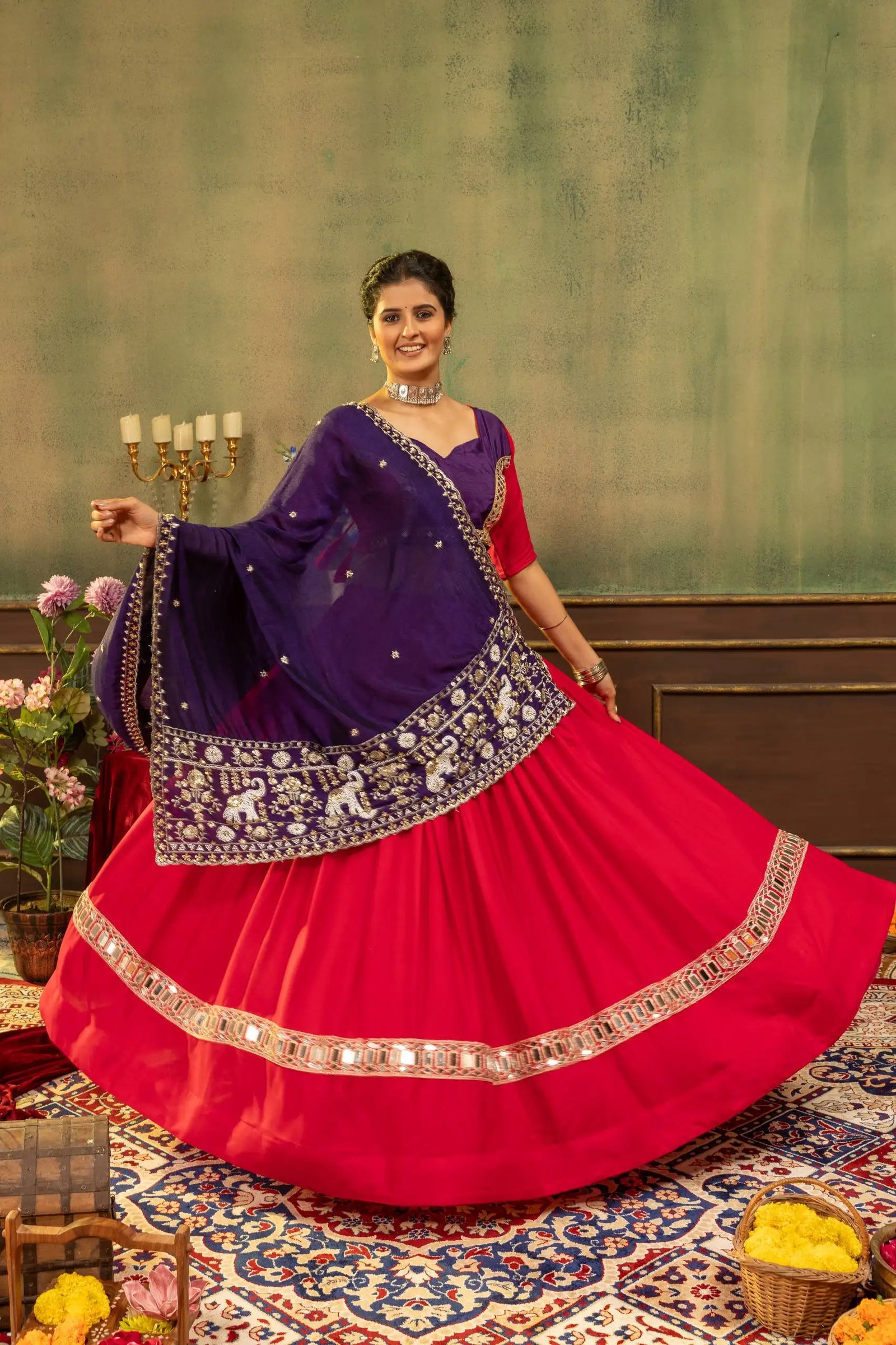 Red Embroidered Mirror Work Lehenga full 4m flair twirl with purple dupatta – Kalyanja KL170