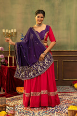 Red Mirror Work Lehenga front view sweetheart choli purple dupatta draped – Kalyanja KL170