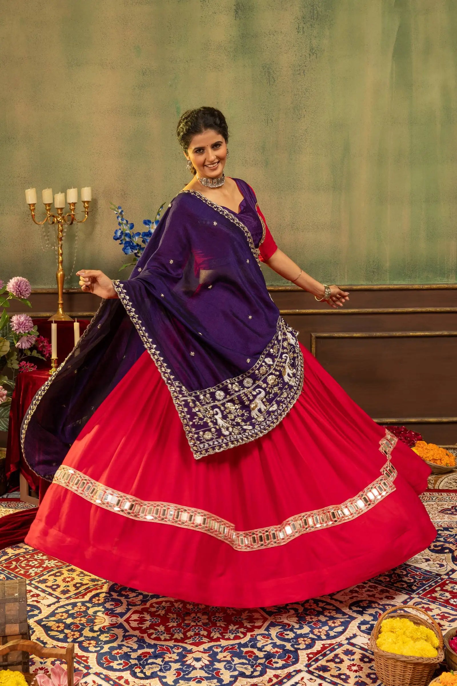 Red Pure Rayon Lehenga flair twirl second angle elephant dupatta – Kalyanja KL170