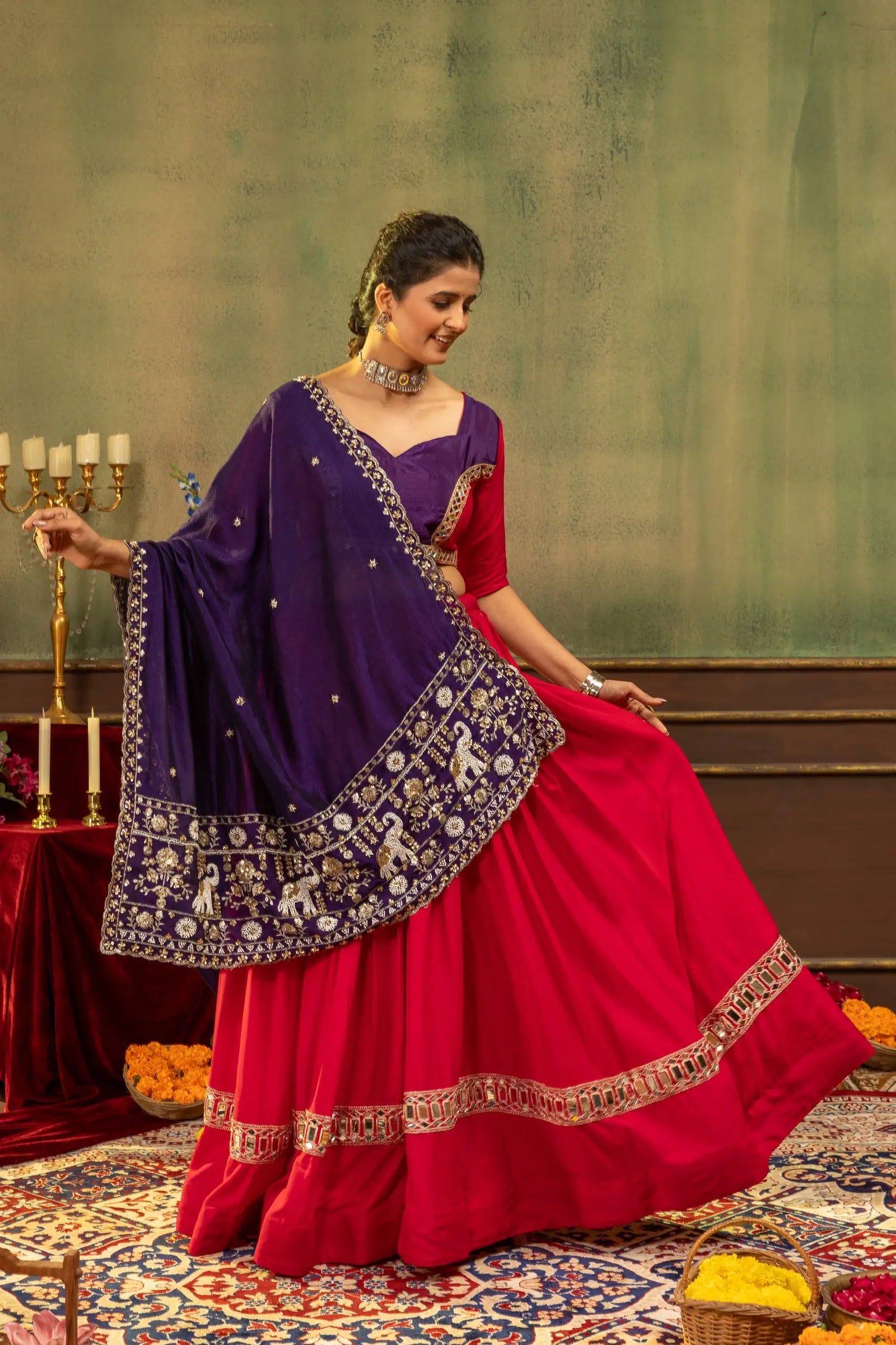 Red Embroidered Mirror Work Lehenga dance pose dupatta flow – Kalyanja KL170