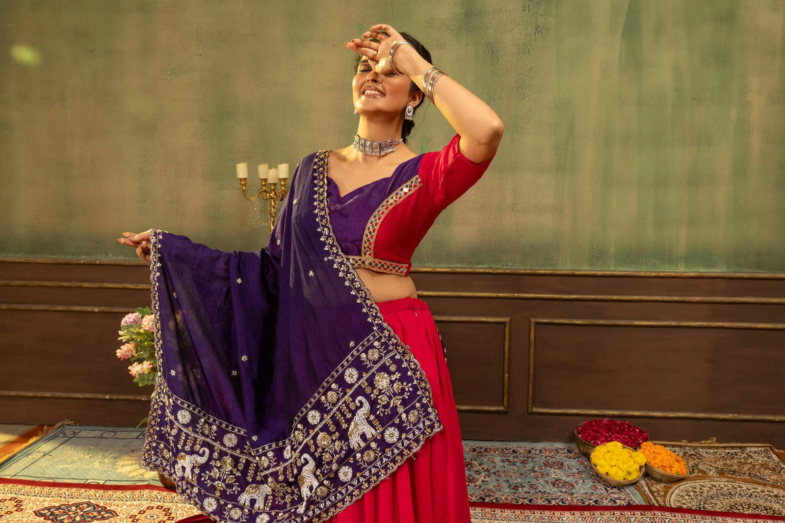 Red Lehenga dance pose with elephant embroidered dupatta display – Kalyanja KL170