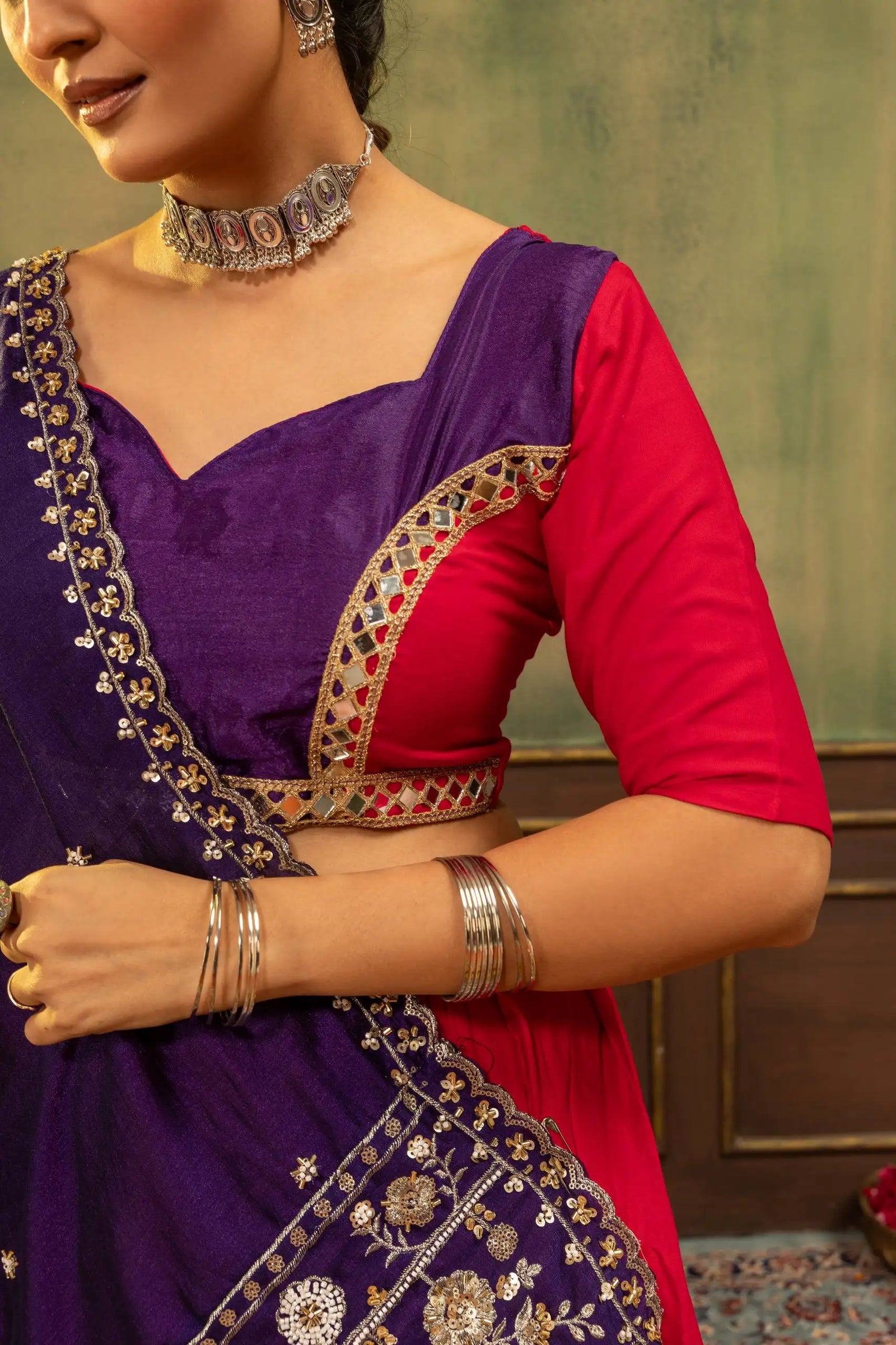 Red Mirror Work Lehenga sweetheart choli close-up purple body red sleeves – Kalyanja KL170