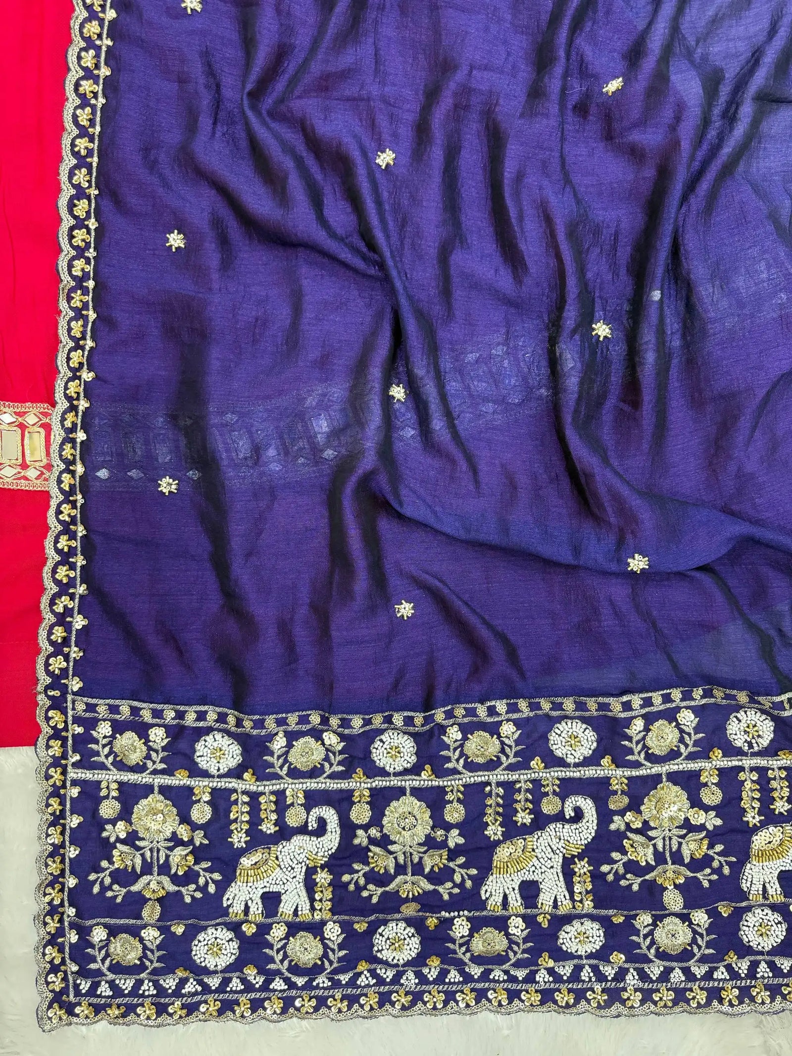 Purple elephant embroidered dupatta detail gold silver thread work – Kalyanja KL170
