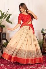 Red Tussar Silk Blend Lehenga angled pose with dupatta – Kalyanja KL162