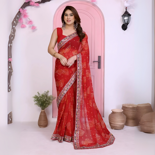 Red Rajwadi Bandhej Print with Heavy Embroidery Work Georgette Saree