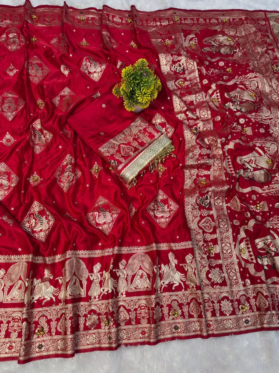 Red Ghungroo Work with Gold Zari Weaving Saree – full drape view