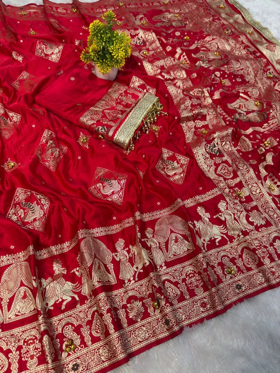 Red Banarasi satin silk saree with zari bridal figure border