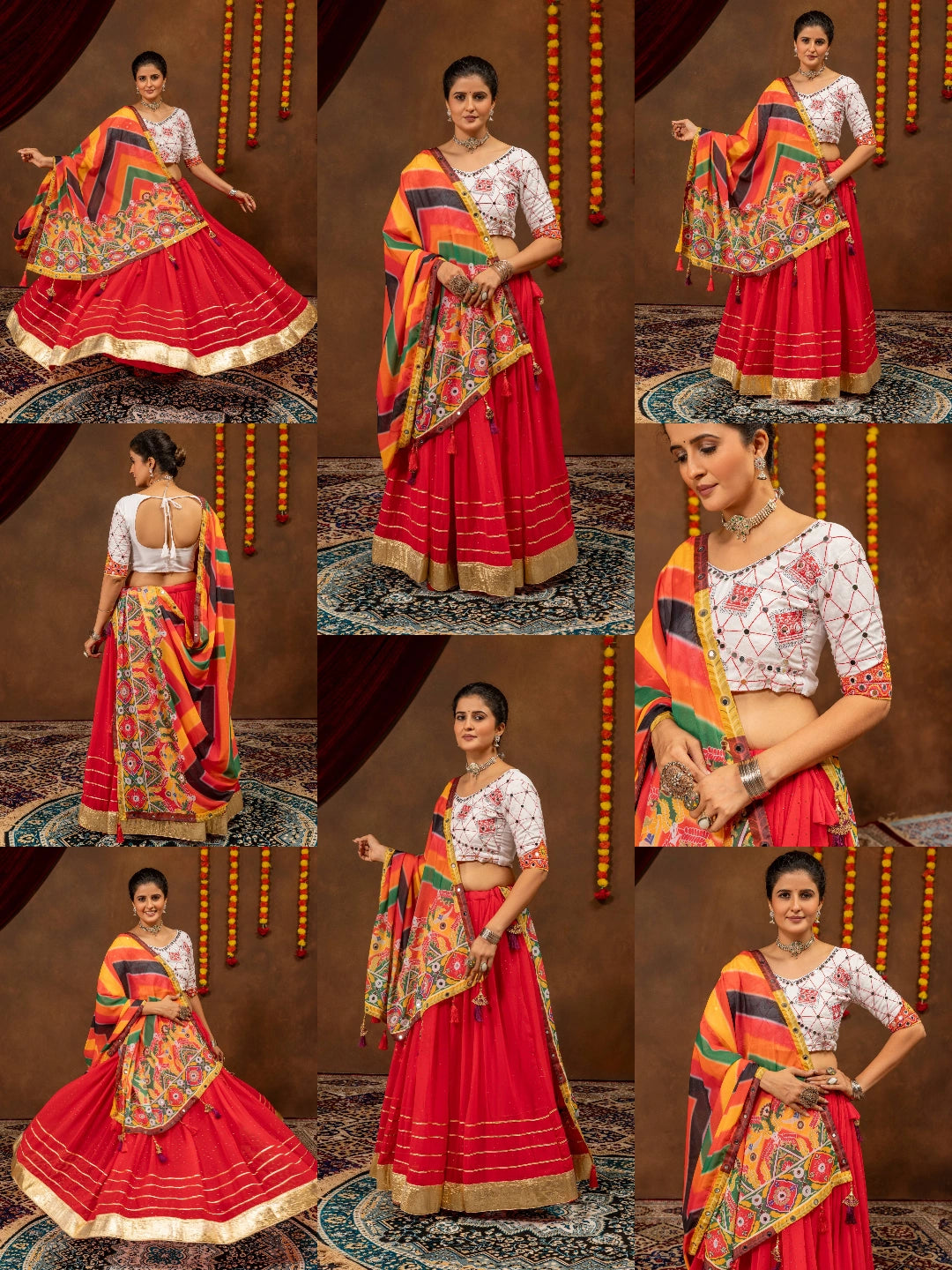 Red Gota Mirror Work Lehenga KL205 – full collection collage