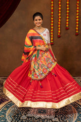Red Gota Mirror Work Lehenga front view smiling with dupatta – KL205