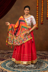 Red Lehenga with colorful printed dupatta spread – KL205