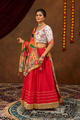 Red Gota Mirror Work Lehenga side front view with dupatta – KL205