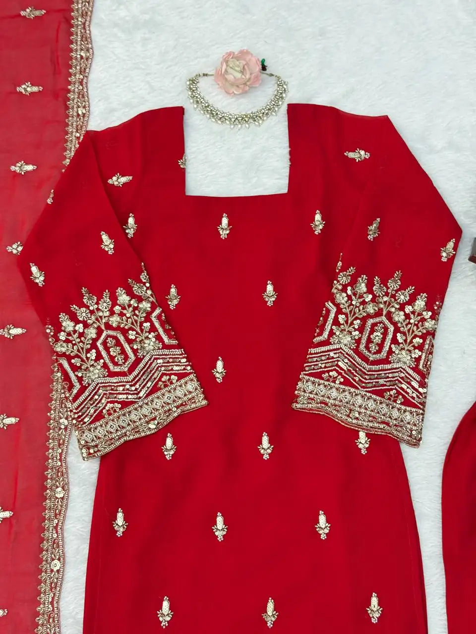 Red Heavy Beads Suit KU254 hem border embroidery sequins thread detail