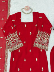 Red Heavy Beads Suit KU254 hem border embroidery sequins thread detail
