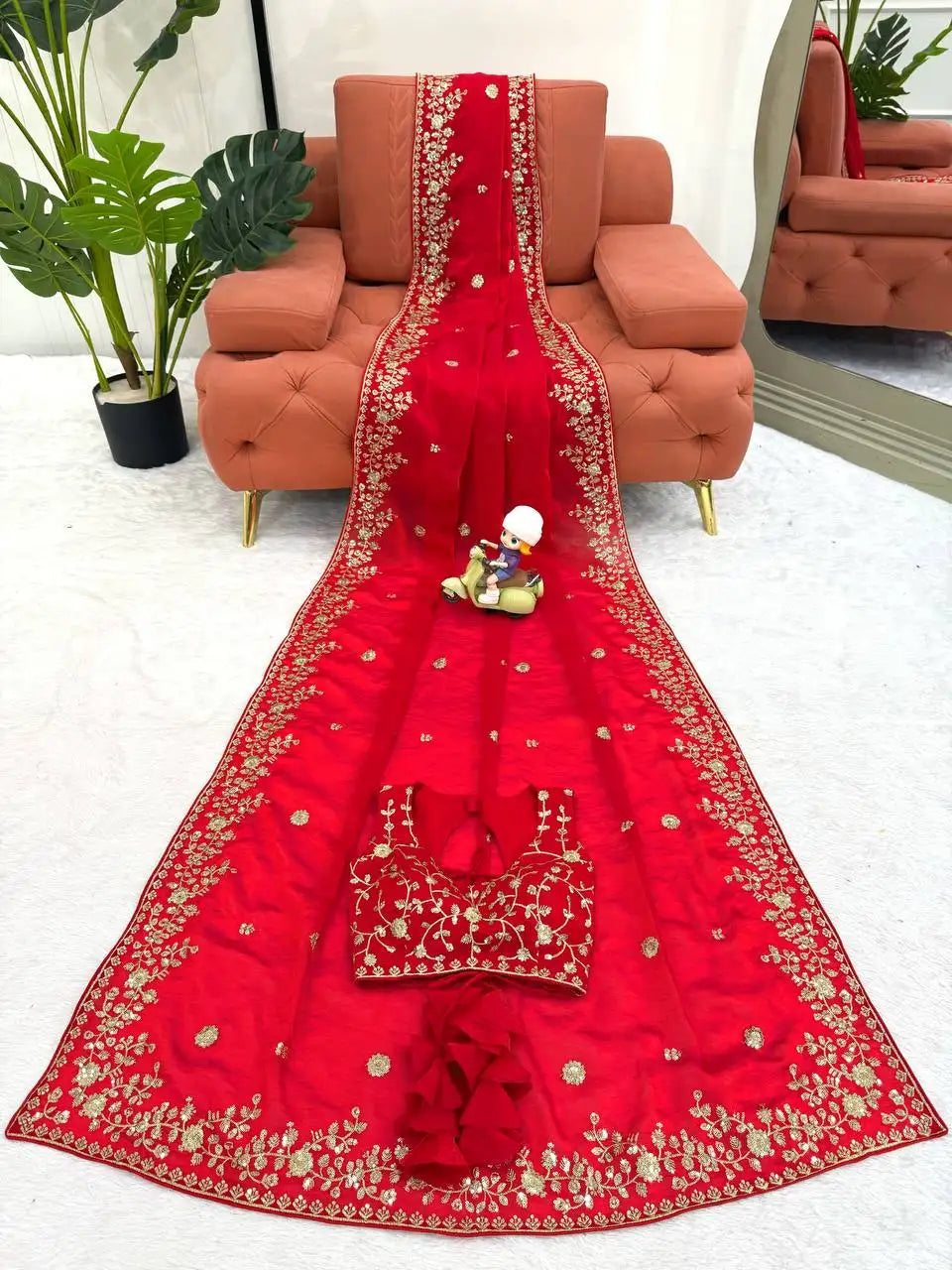 Red Jacquard Weaving Saree with embroidered blouse piece displayed – Kalyanja KS366
